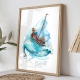 Jeremiiah 29 verse 11 Adventure art print, showing Jesus and his hair as water with a boat riding in the waves and a woman and man enjoying the adventure. The verse is printed on the bottom of the image. It is mostly blue and turquise water colours wit