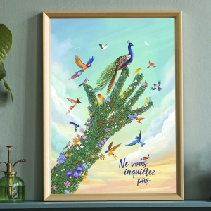 Showing a framed version of our Do Not Worry Art Print with a tree in the shape of a hand and loads of colourful birds flying around or perching on it, with the phrase 