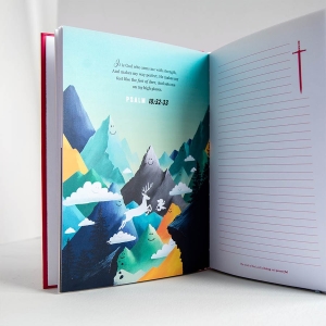 Lovers & Fighters Christian Journal inside showing an illustrated page and a linned page for your own notes.  The journal is stood up open.  They make perfect christian gifts for many occasions 