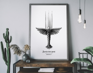 Inspiring wall art featuring a black and white image of a sword with the hilt in the shape of a dove. wall art based on the Ephesians 6:17 verse.