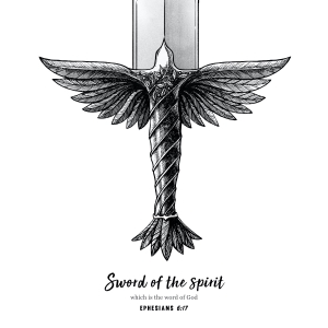Inspiring wall art featuring a black and white image of a sword with the hilt in the shape of a dove. wall art based on the Ephesians 6:17 verse.