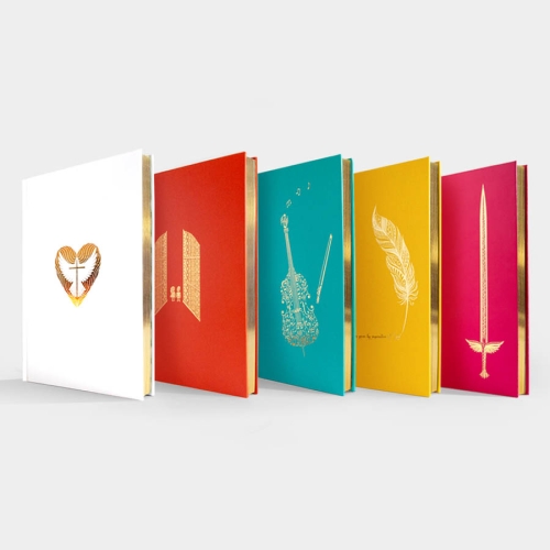 Showing all five of our Hardback large journals containing 45 illustrated verses inside. With gold gilt edges and gold iillustrations on the front and back covers