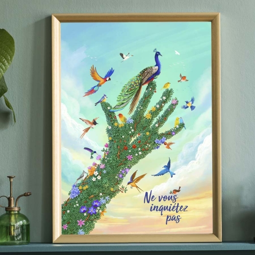 Showing a framed version of our Do Not Worry Art Print with a tree in the shape of a hand and loads of colourful birds flying around or perching on it, with the phrase "Do Not  Worry" written. 