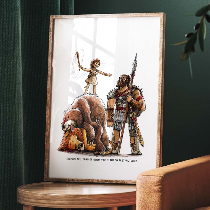   standing on the carcases of a bear and lion while facing  